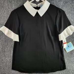 NWT Cece Women XS Contrast Collar Short Ruffle Sleeve Black Top Pullover Adult